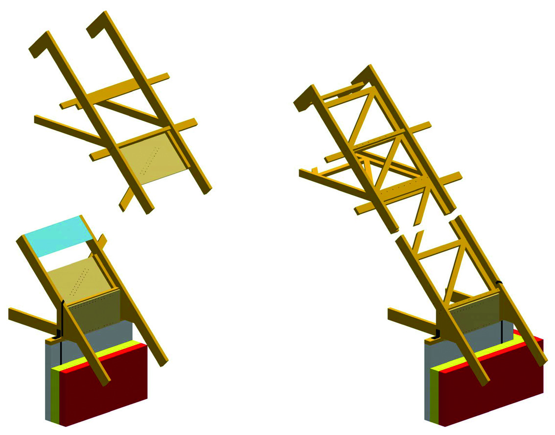 Eksempel på udførelse af skråafstivning ved hanebåndsbjælke og tagfod. 