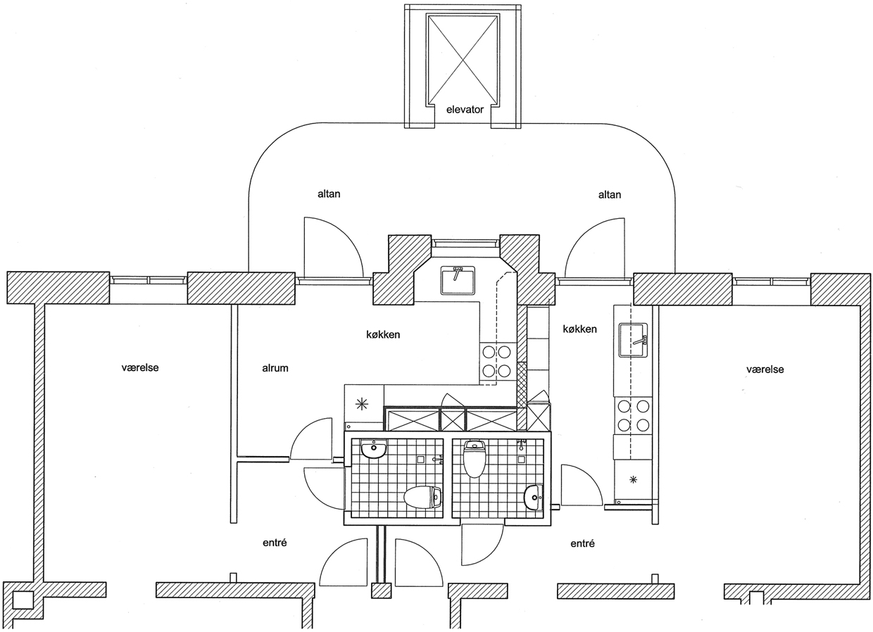  Eksempel på ombygning af bagtrapperum til køkken samt etablering af elevatoradgang via nye altaner med direkte adgang fra køkken. 