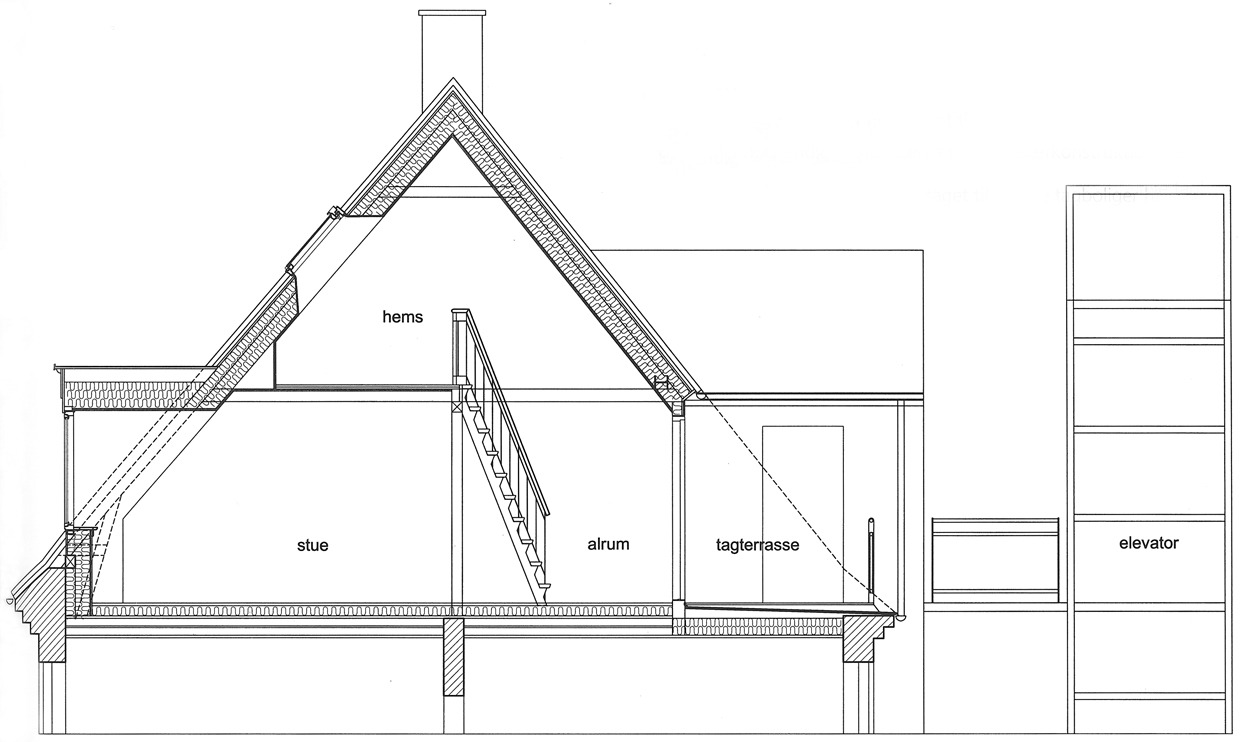Snittegning af tagbolig med hems og udvendigt elevatortårn. 